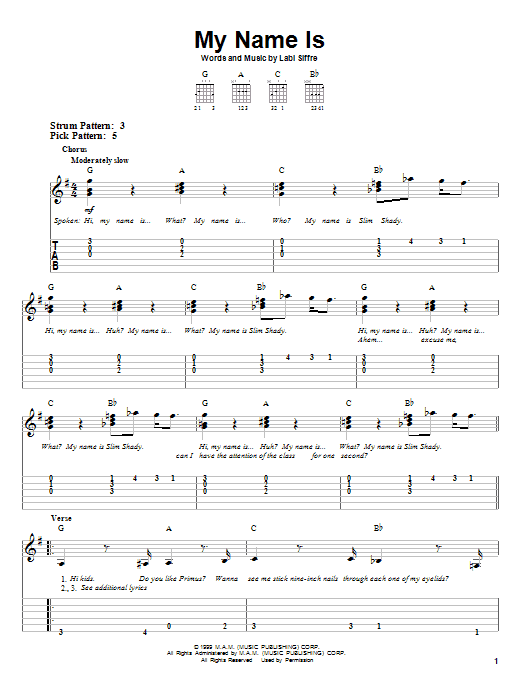 Learn to play Eminem My Name Is sheet music for Piano, Vocal & Guitar (Right-Hand Melody) in minutes. Eminem My Name Is sheet music notes and chords. Download Printable PDF.