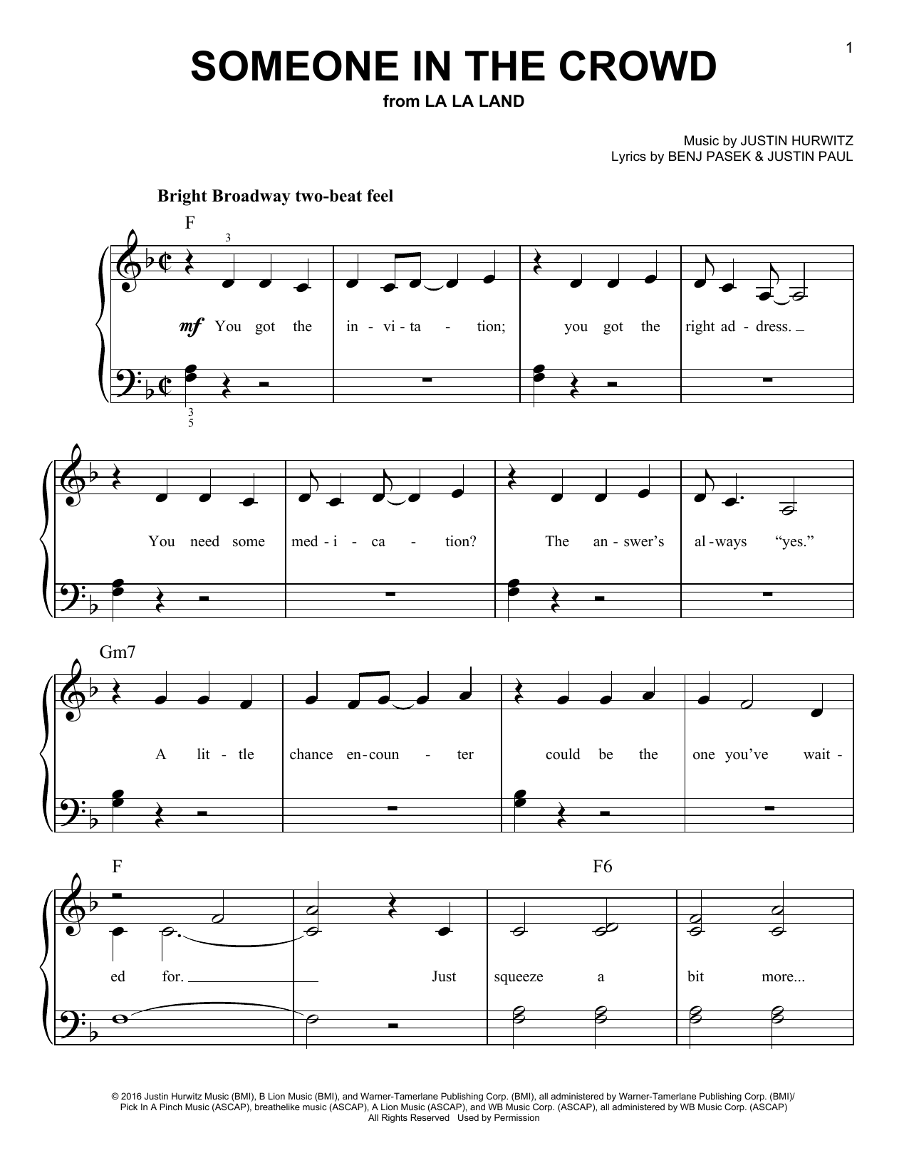 Emma Stone Someone In The Crowd (from La La Land) sheet music notes and chords. Download Printable PDF.