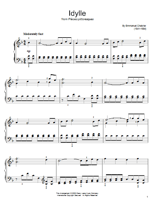 Emmanuel Chabrier Idylle sheet music notes and chords. Download Printable PDF.