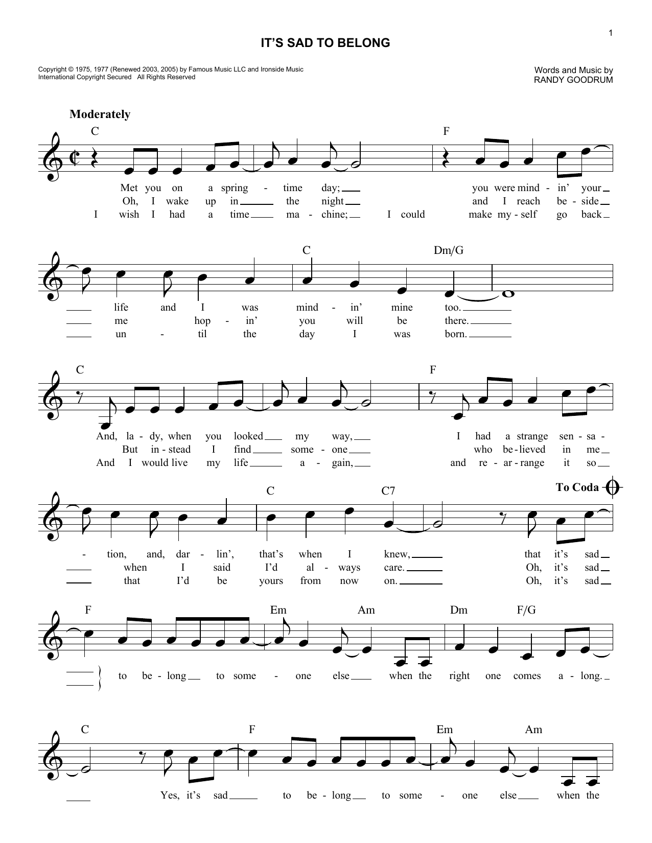 England Dan & John Ford Coley It's Sad To Belong sheet music notes and chords arranged for Easy Lead Sheet / Fake Book