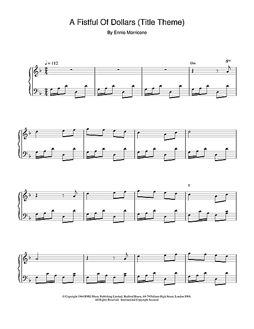 Preview Ennio Morricone A Fistful of Dollars (Title Theme) Film and TV sheet music, notes and chords for Piano Solo, SKU: 15537 sheet music, piano notes, chords, guitar tabs, score, transpose, transcribe, how to play, guide, download, learn, tutorial, progression, song, artist, awards, billboard, mtv, vh1, tour, single, album, release