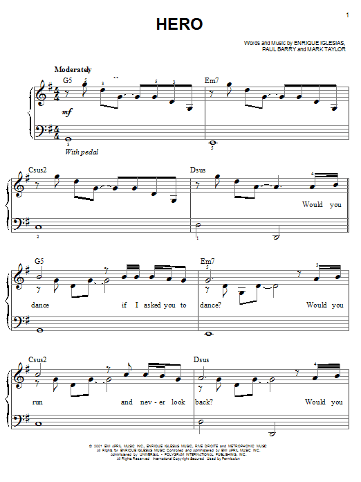 Enrique Iglesias Hero sheet music notes and chords. Download Printable PDF.