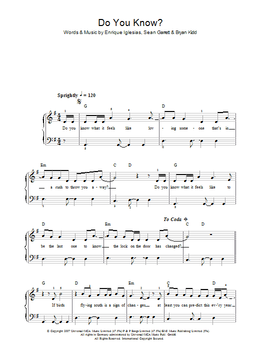 Enrique Inglesias Do You Know? sheet music notes and chords. Download Printable PDF.