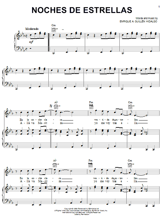 Learn to play Enrique A. Guillén Hidalgo Noches De Estrellas sheet music for Piano, Vocal & Guitar (Right-Hand Melody) in minutes. Price: 7.7900$ Enrique A. Guillén Hidalgo Noches De Estrellas sheet music notes and chords. Download Printable PDF.