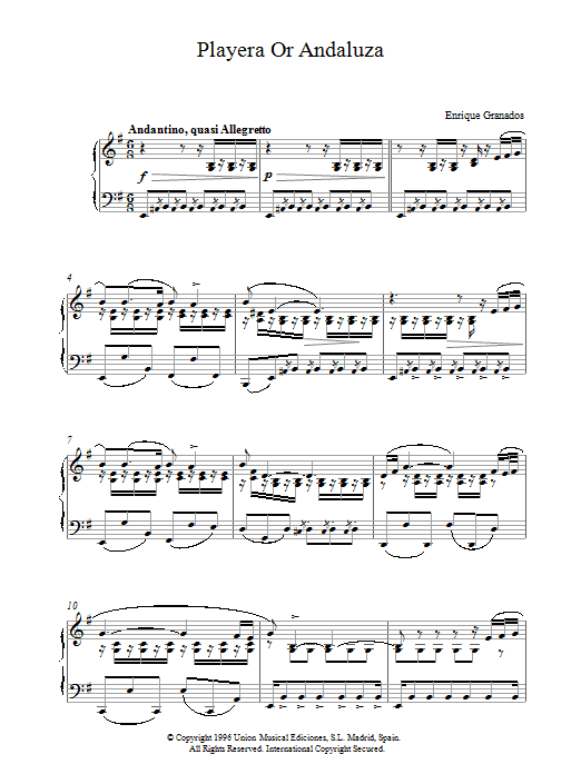 Learn to play Granados Playera Or Andaluza sheet music for Piano Solo in minutes. Price: 6.9900$ Granados Playera Or Andaluza sheet music notes and chords. Download Printable PDF.