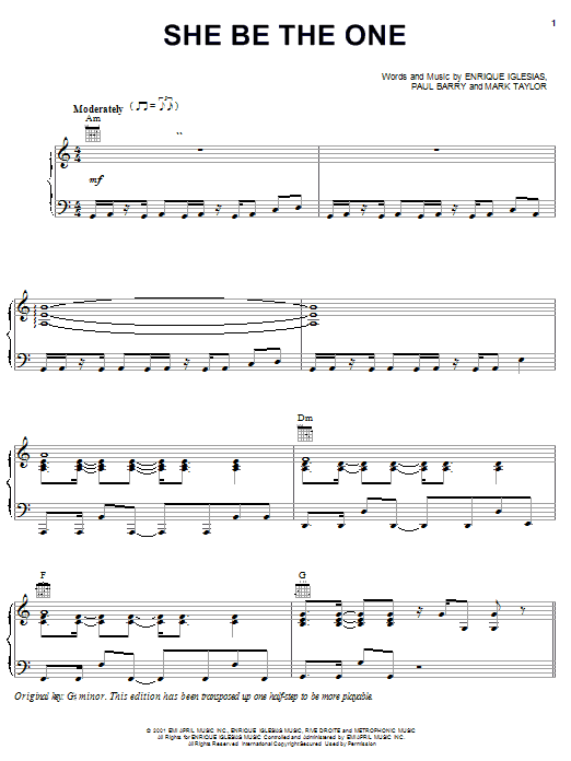 Enrique Iglesias She Be The One sheet music for Piano, Vocal & Guitar (Right-Hand Melody) in minutes. Price: 7.8900$ Enrique Iglesias She Be The One sheet music notes and chords. Download Printable PDF.