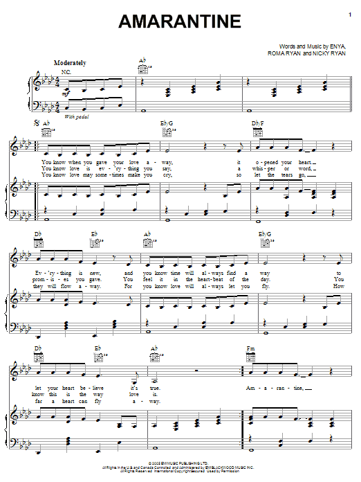 Enya Amarantine sheet music notes and chords. Download Printable PDF.