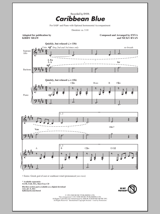 Learn to play Enya Caribbean Blue (arr. Kirby Shaw) sheet music for SSA Choir in minutes. Enya Caribbean Blue (arr. Kirby Shaw) sheet music notes and chords