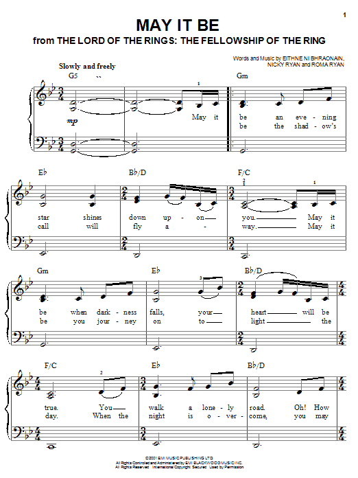 Learn to play Enya May It Be (from Lord Of The Rings: The Fellowship of the Ring) sheet music for Easy Piano in minutes. Enya May It Be (from Lord Of The Rings: The Fellowship of the Ring) sheet music notes and chords. Download Printable PDF.