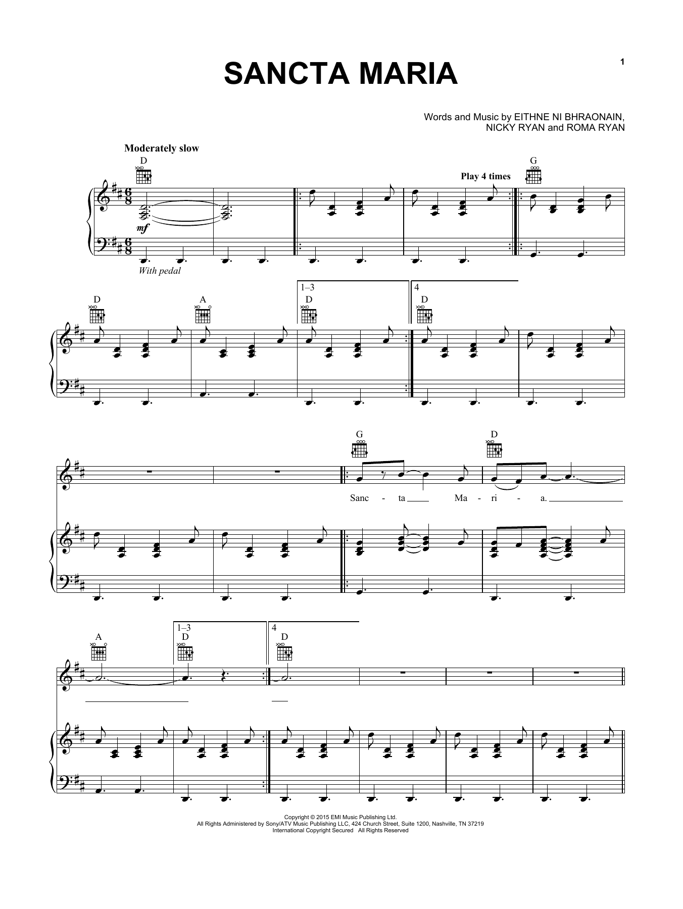 Enya Sancta Maria sheet music notes and chords. Download Printable PDF.