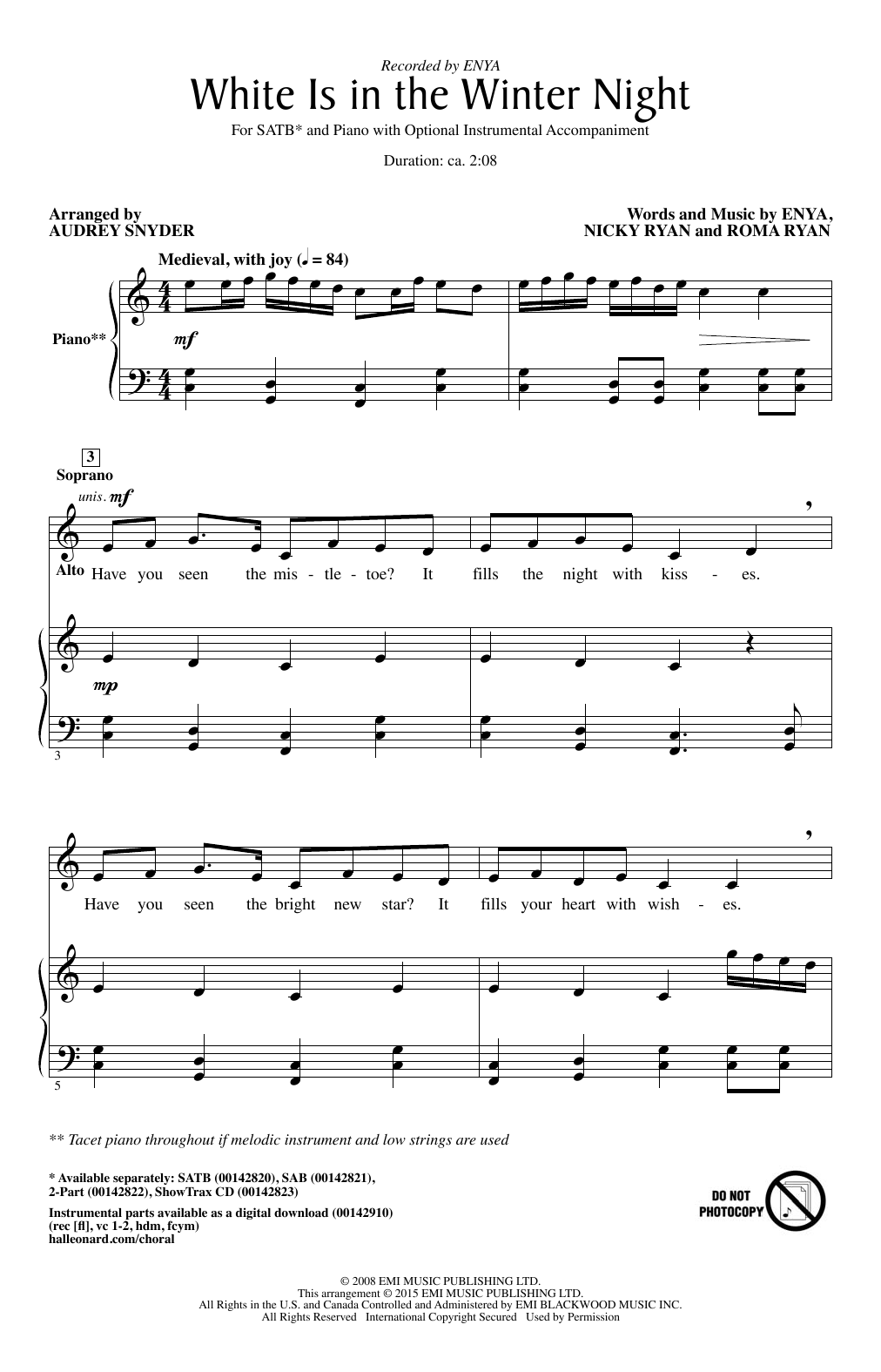 Enya White Is In The Winter Night Arr Audrey Snyder Sheet