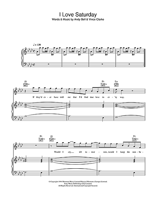 Erasure I Love Saturday sheet music notes and chords. Download Printable PDF.