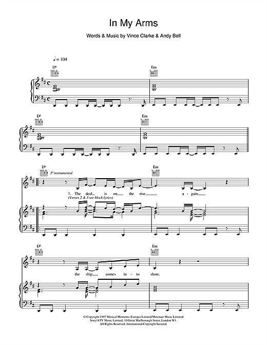 Preview Erasure In My Arms Pop sheet music, notes and chords for Piano, Vocal & Guitar (Right-Hand Melody), SKU: 17638 sheet music, piano notes, chords, guitar tabs, score, transpose, transcribe, how to play, guide, download, learn, tutorial, progression, song, artist, awards, billboard, mtv, vh1, tour, single, album, release