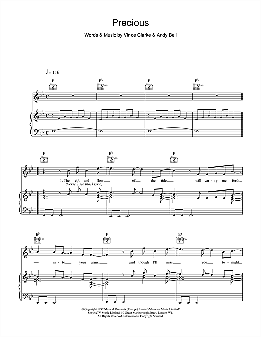 Preview Erasure Precious Pop sheet music, notes and chords for Piano, Vocal & Guitar (Right-Hand Melody), SKU: 17640 sheet music, piano notes, chords, guitar tabs, score, transpose, transcribe, how to play, guide, download, learn, tutorial, progression, song, artist, awards, billboard, mtv, vh1, tour, single, album, release