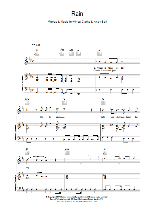 Erasure Rain sheet music for Piano, Vocal & Guitar (Right-Hand Melody) in minutes. Price: 7.8900$ Erasure Rain sheet music notes and chords. Download Printable PDF.