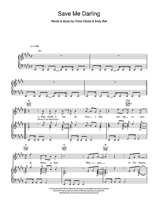 Erasure Save Me Darling sheet music notes and chords. Download Printable PDF.