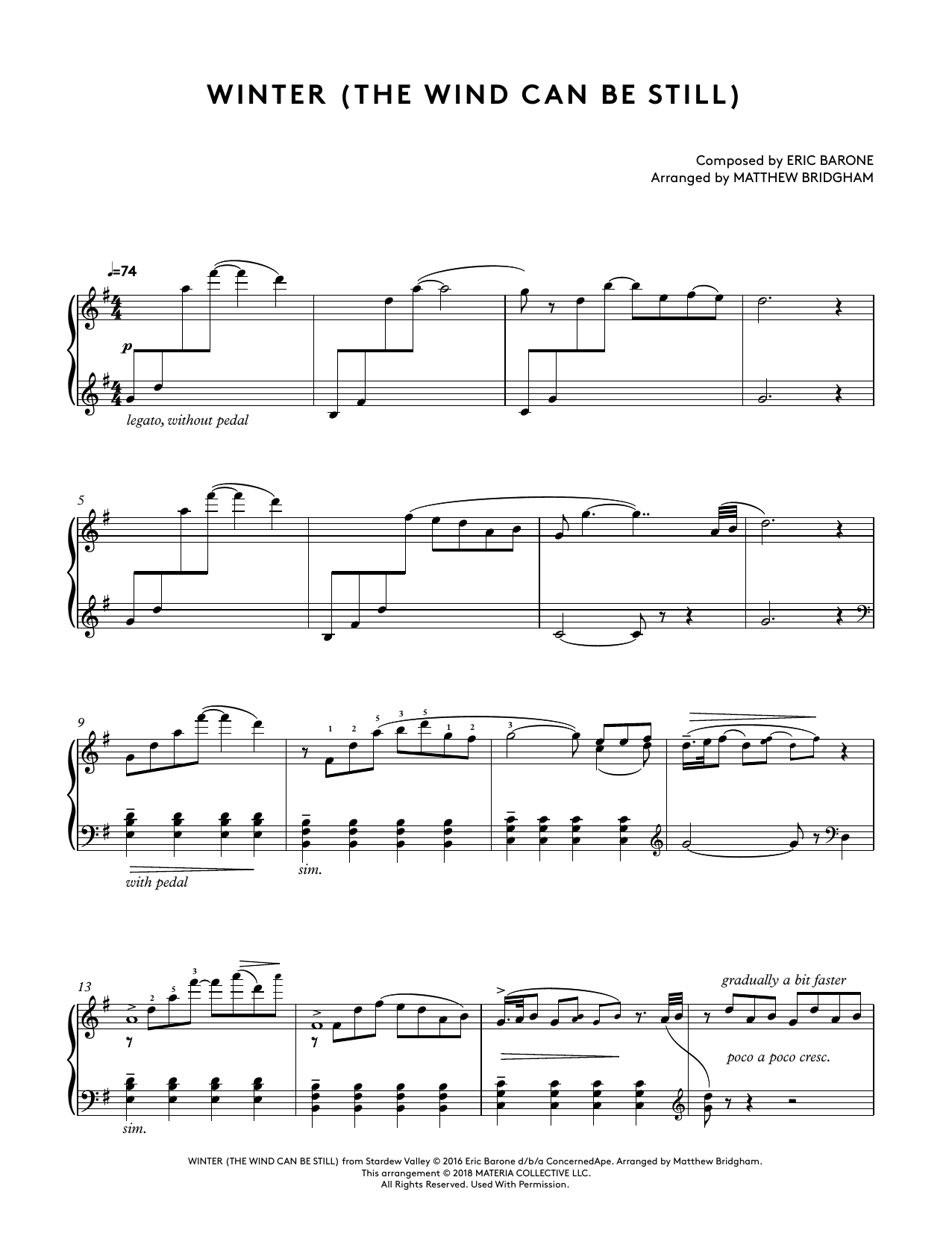 Eric Barone Winter (The Wind Can Be Still) (from Stardew Valley Piano Collections) (arr. Matthew Bridgham) sheet music notes and chords. Download Printable PDF.