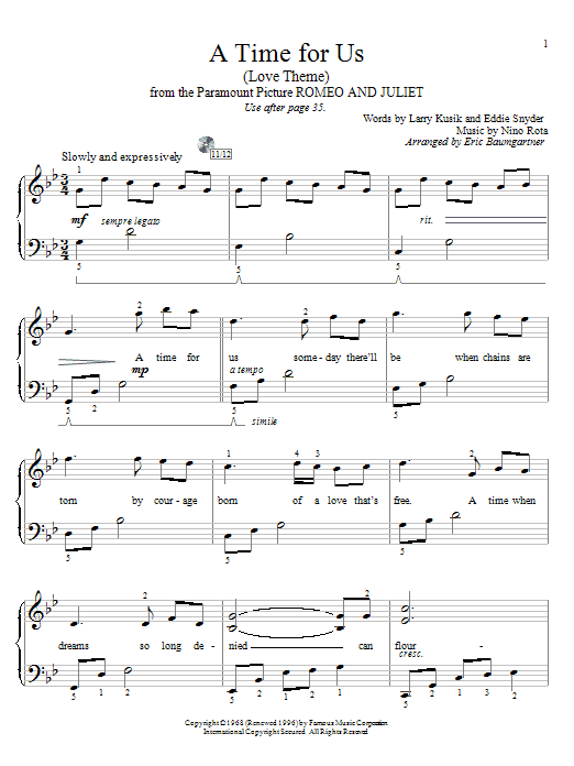 Eric Baumgartner A Time For Us Love Theme Sheet Music Pdf Notes Chords Film Tv Score Educational Piano Download Printable Sku 54300
