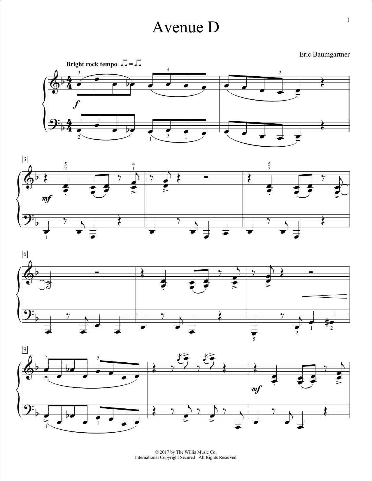 Eric Baumgartner Avenue D sheet music notes and chords. Download Printable PDF.