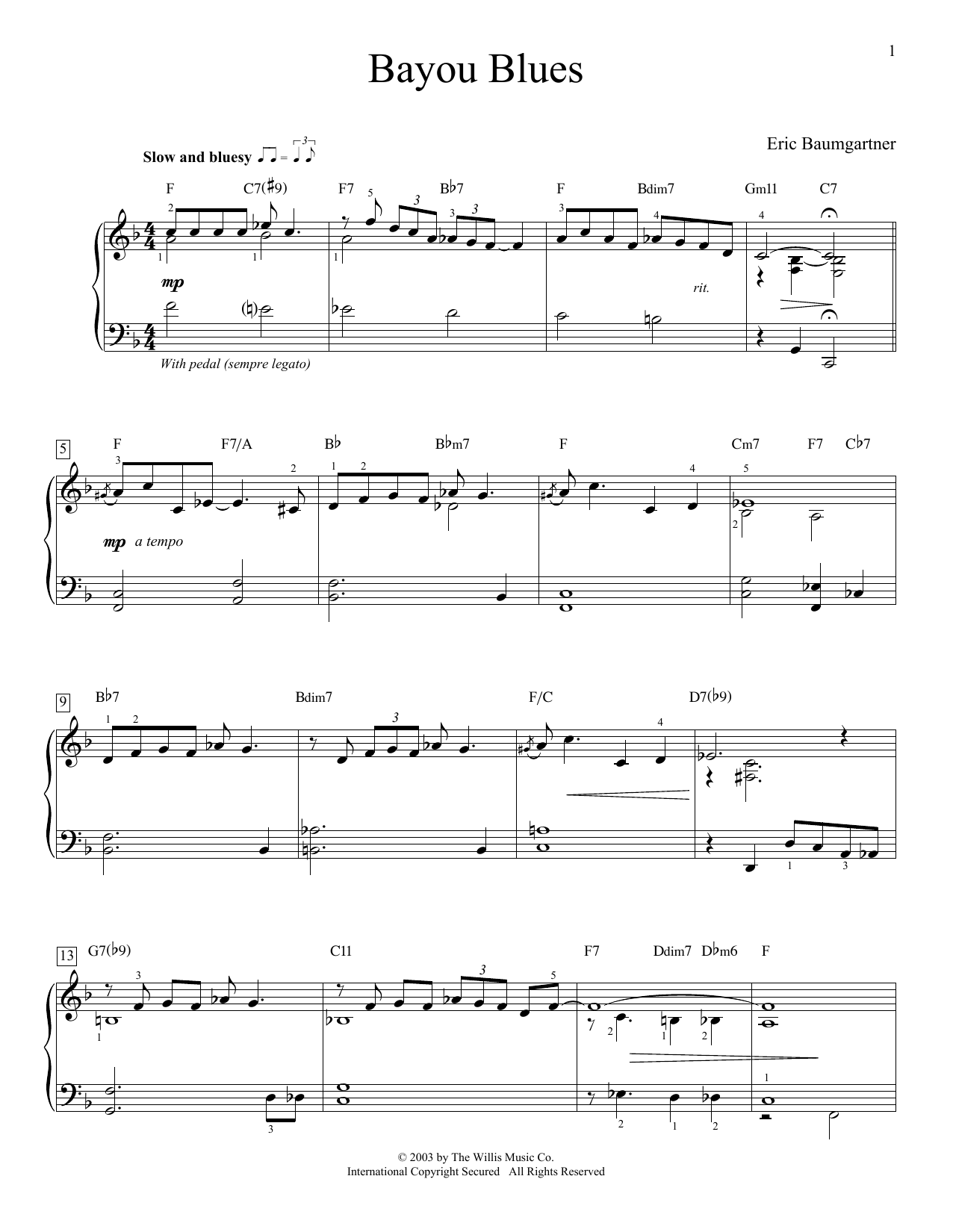 Eric Baumgartner Bayou Blues sheet music notes and chords. Download Printable PDF.