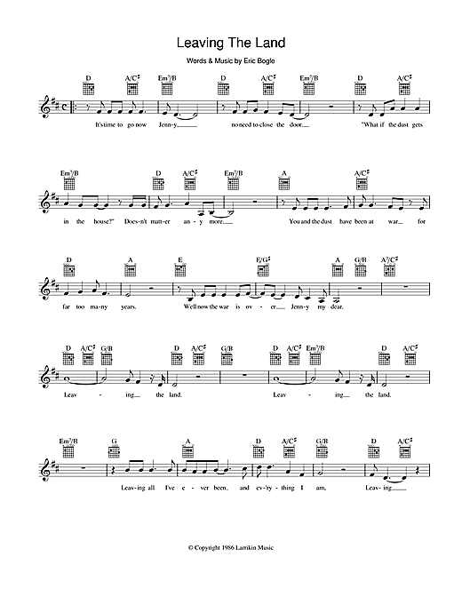 Eric Bogle Leaving The Land sheet music notes and chords arranged for Lead Sheet / Fake Book