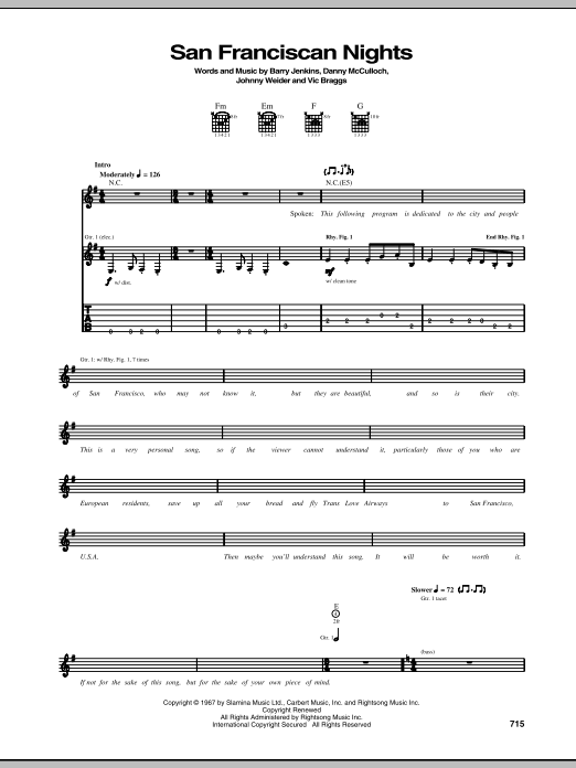 Learn to play Eric Burdon & The Animals San Franciscan Nights sheet music for Guitar Tab in minutes. Price: 6.9900$ Eric Burdon & The Animals San Franciscan Nights sheet music notes and chords arranged for Guitar Tab