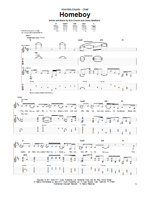 Eric Church Homeboy sheet music notes and chords. Download Printable PDF.