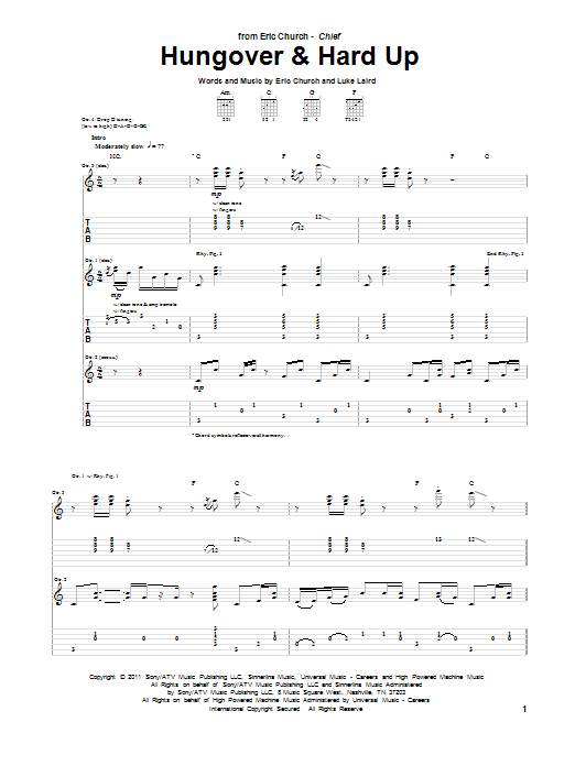 Eric Church Hungover & Hard Up sheet music notes and chords. Download Printable PDF.