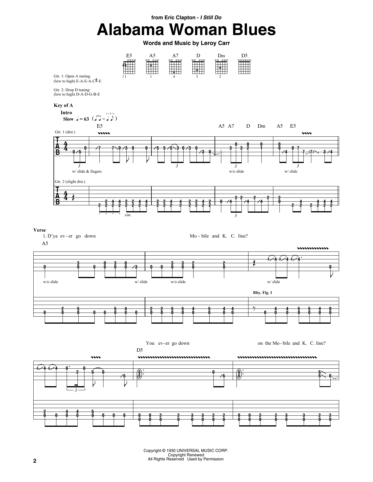 Eric Clapton Alabama Woman Blues sheet music notes and chords. Download Printable PDF.