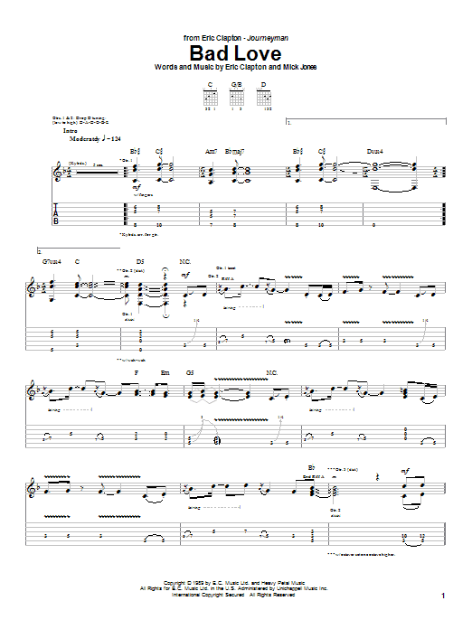 Eric Clapton Bad Love sheet music notes and chords. Download Printable PDF.