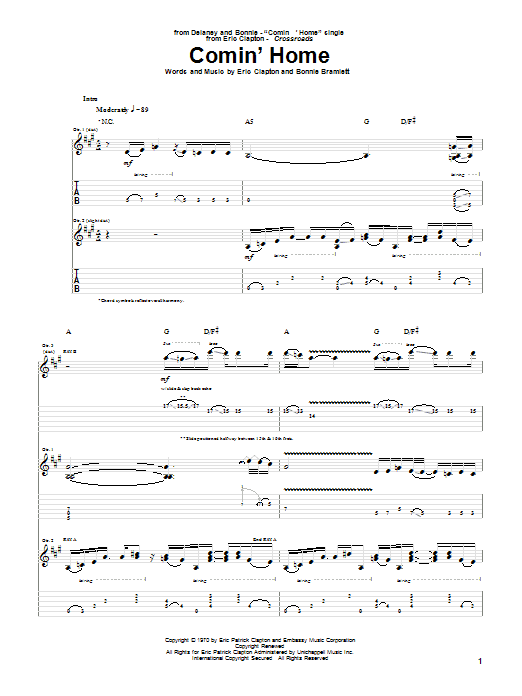 Eric Clapton Comin' Home sheet music notes and chords. Download Printable PDF.