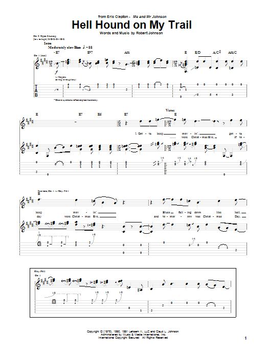 Eric Clapton Hell Hound On My Trail sheet music notes and chords. Download Printable PDF.
