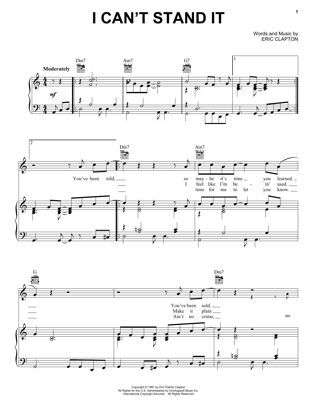 Learn to play Eric Clapton I Can't Stand It sheet music for Lead Sheet / Fake Book in minutes. Price: 5.9900$ Eric Clapton I Can't Stand It sheet music notes and chords arranged for Lead Sheet / Fake Book