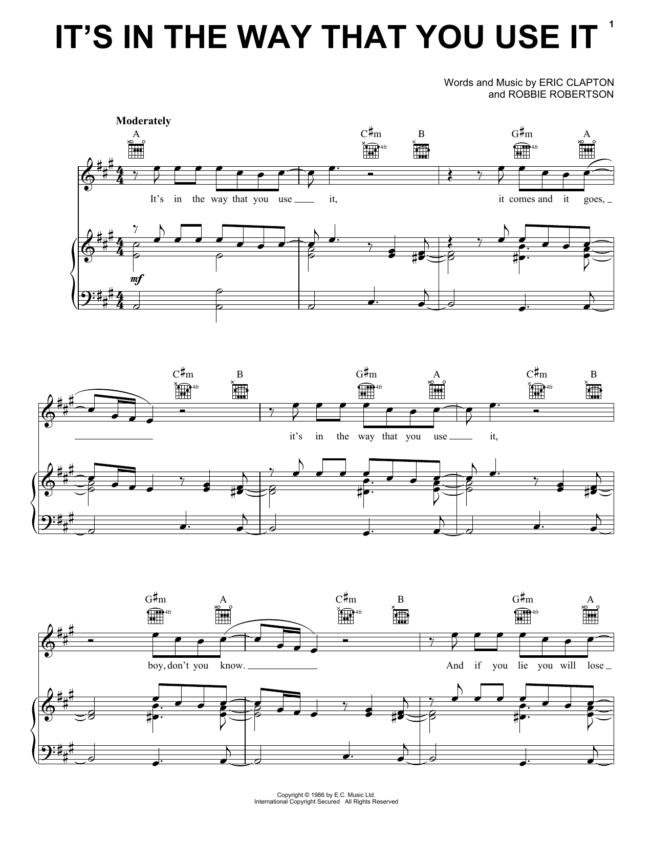Learn to play Eric Clapton It's In The Way That You Use It sheet music for Easy Piano in minutes. Price: 6.9900$ Eric Clapton It's In The Way That You Use It sheet music notes and chords arranged for Easy Piano