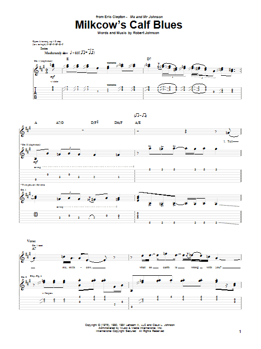 Eric Clapton Milkcow's Calf Blues sheet music notes and chords. Download Printable PDF.