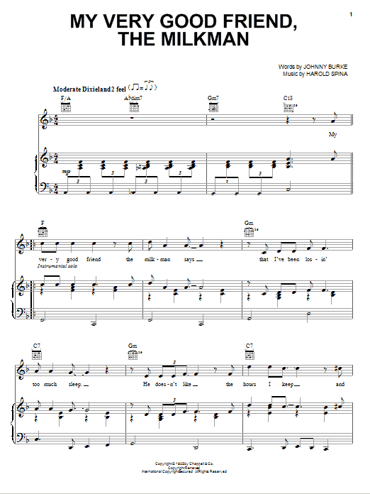 Learn to play Johnny Burke My Very Good Friend The Milkman sheet music for Lead Sheet / Fake Book in minutes. Price: 5.9900$ Johnny Burke My Very Good Friend The Milkman sheet music notes and chords arranged for Lead Sheet / Fake Book