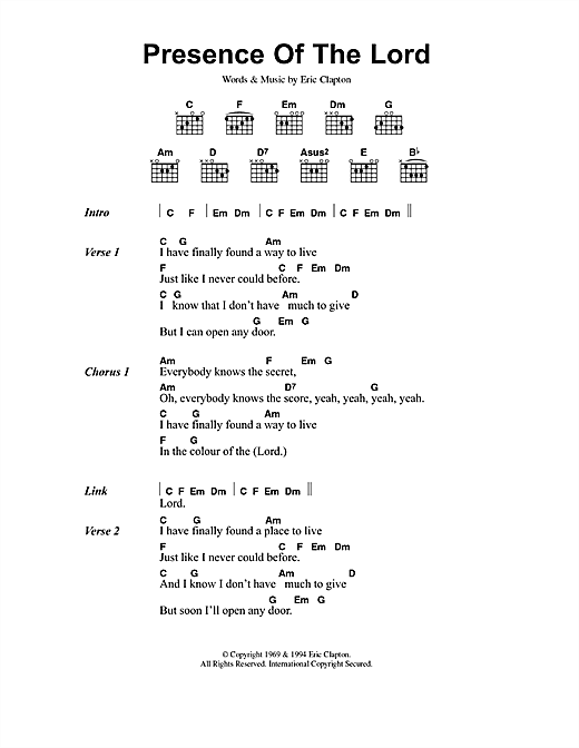 Eric Clapton Presence Of The Lord sheet music notes and chords. Download Printable PDF.