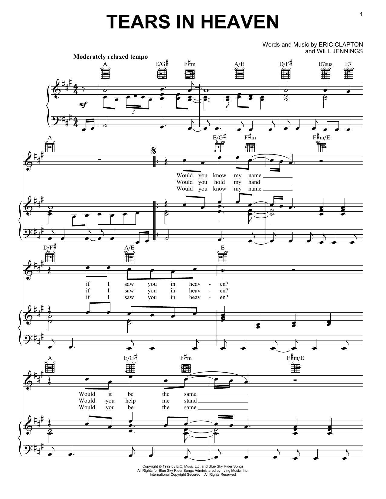 Eric Clapton 'Tears In Heaven' Sheet Music, Chords & Lyrics