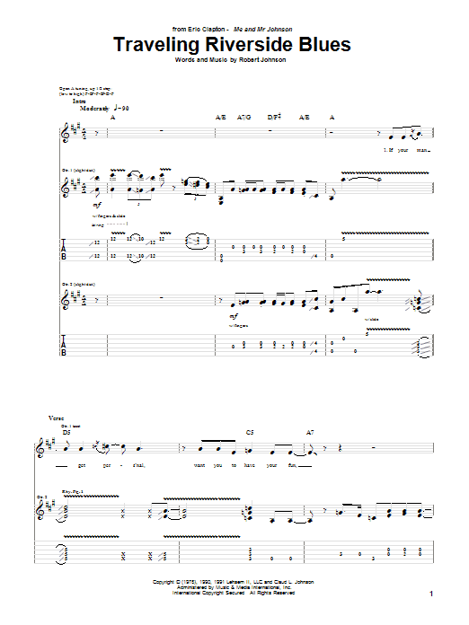 Eric Clapton Traveling Riverside Blues sheet music notes and chords. Download Printable PDF.