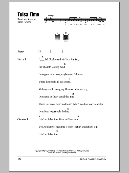 Eric Clapton Tulsa Time sheet music notes and chords. Download Printable PDF.