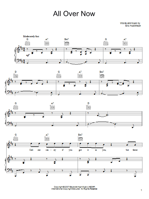 Learn to play Eric Hutchinson All Over Now sheet music for Piano, Vocal & Guitar (Right-Hand Melody) in minutes. Eric Hutchinson All Over Now sheet music notes and chords. Download Printable PDF.