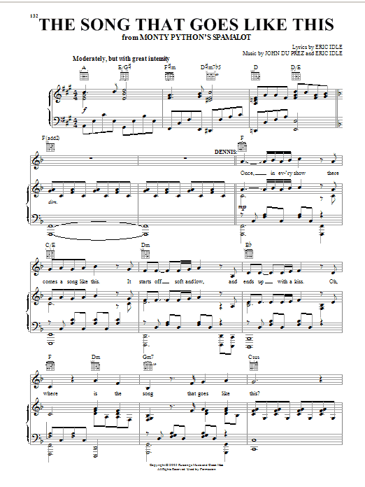 Learn to play Monty Python's Spamalot The Song That Goes Like This sheet music for Big Note Piano in minutes. Price: 6.9900$ Monty Python's Spamalot The Song That Goes Like This sheet music notes and chords arranged for Big Note Piano