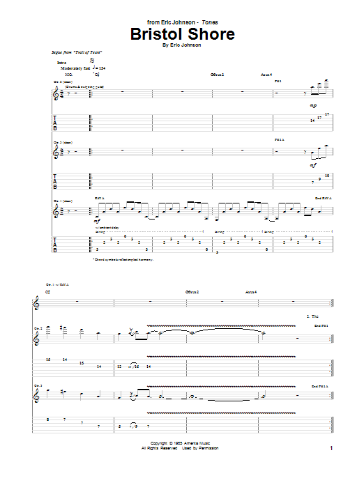 Eric Johnson Bristol Shore sheet music notes and chords. Download Printable PDF.