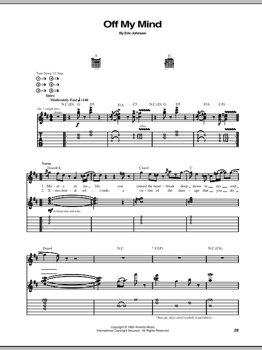 Eric Johnson Off My Mind sheet music notes and chords. Download Printable PDF.