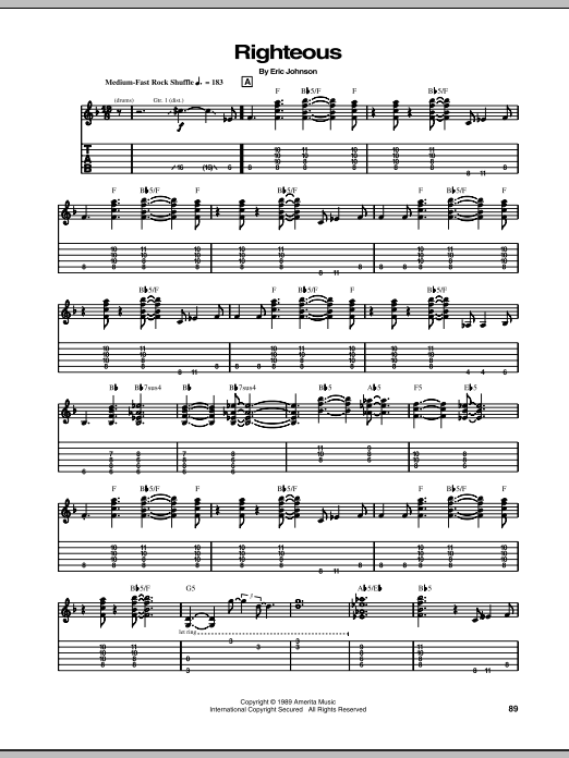 Learn to play Eric Johnson Righteous sheet music for Guitar Tab (Single Guitar) in minutes. Eric Johnson Righteous sheet music notes and chords. Download Printable PDF.