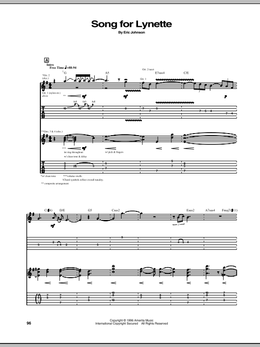 Learn to play Eric Johnson Song For Lynette sheet music for Guitar Tab in minutes. Price: 6.9900$ Eric Johnson Song For Lynette sheet music notes and chords arranged for Guitar Tab