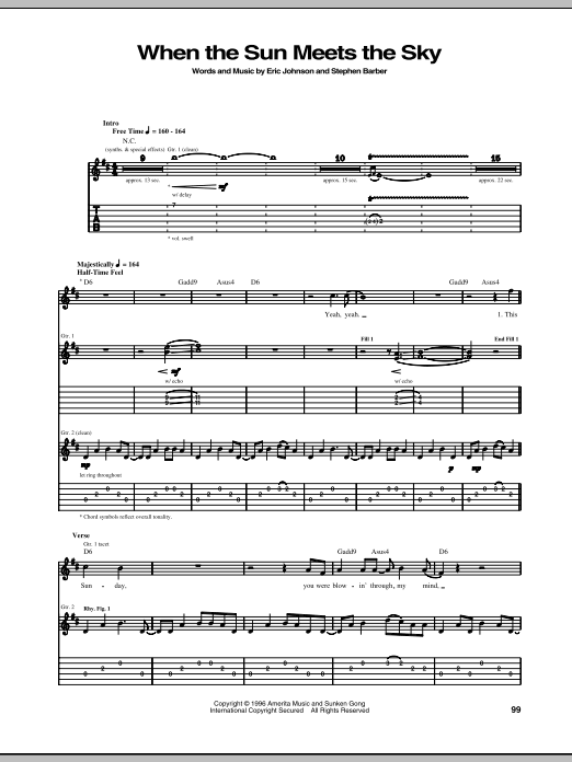Learn to play Eric Johnson When The Sun Meets The Sky sheet music for Guitar Tab in minutes. Price: 6.9900$ Eric Johnson When The Sun Meets The Sky sheet music notes and chords arranged for Guitar Tab