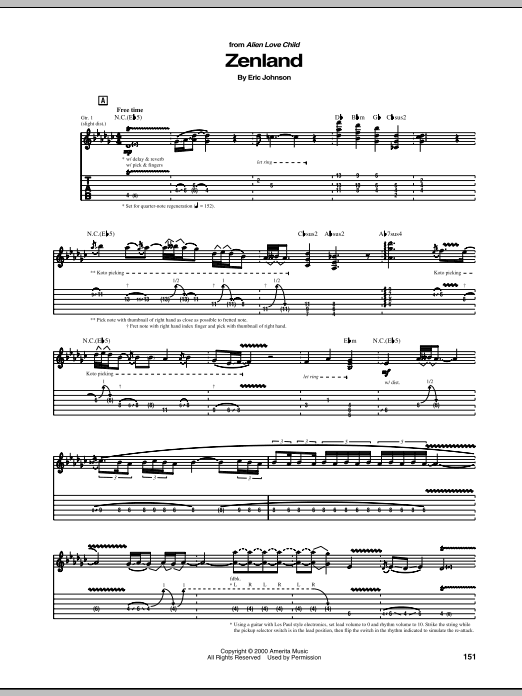 Eric Johnson Zenland sheet music notes and chords. Download Printable PDF.