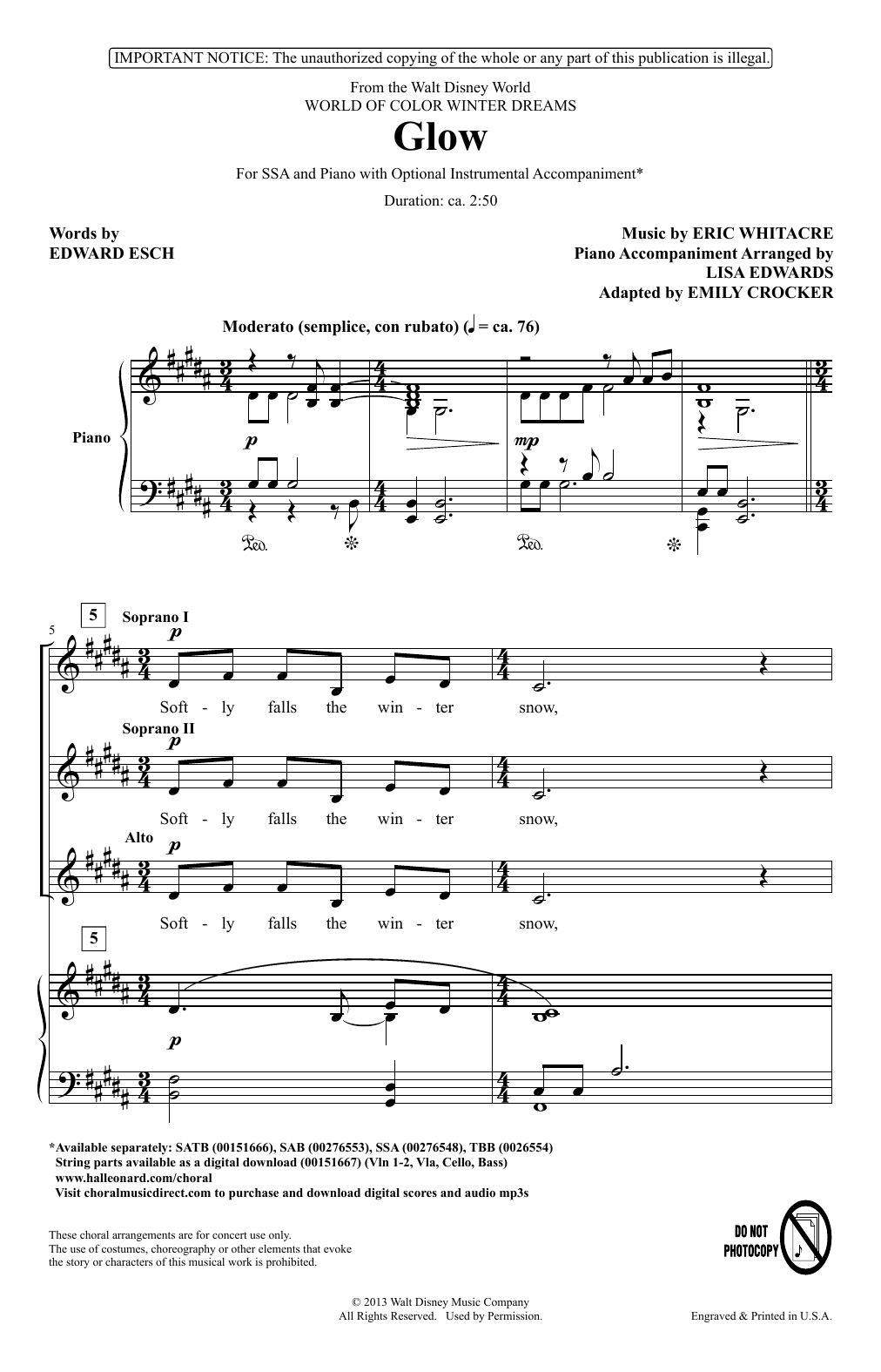 Eric Whitacre Glow (arr. Emily Crocker) sheet music notes and chords. Download Printable PDF.