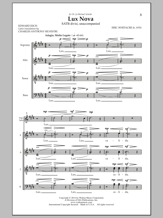 Eric Whitacre Lux Nova sheet music notes and chords. Download Printable PDF.